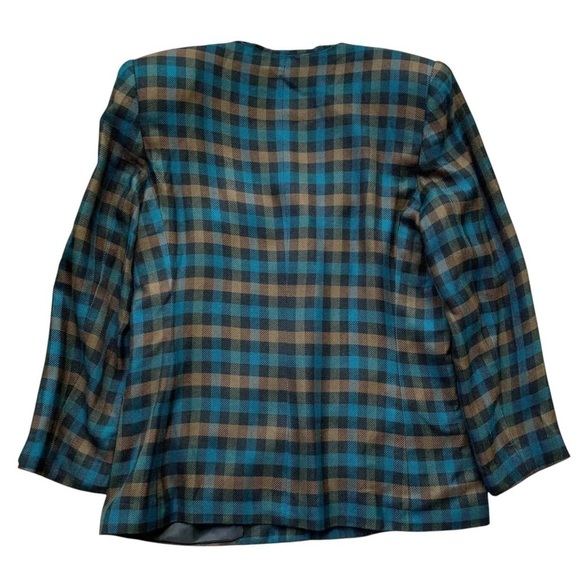 Vtg Le Suit Dress Barn Plaid Gingham Buttoned Blazer Jacket Blue Brown Size 10 - Picture 2 of 6